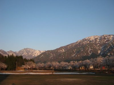 桜が満開の水無川の土手の向こうに駒ケ岳 - Canon PowerShot A495