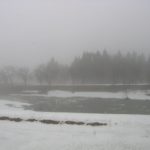 雪解け時期の雨降りの水無川の風景
